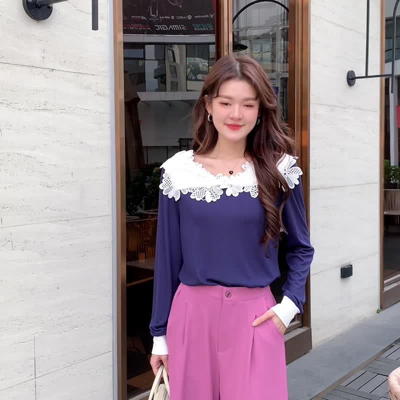 Nega C. 拼色蕾丝针织上衣| 深蓝色| 弹性 - 女装针织衫/毛衣 - 聚酯纤维 蓝色