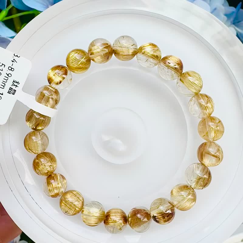 精品级玻璃透体厚丝金钛晶8.4-8.9mm19.54g主事业避邪招财旺阳气 - 手链/手环 - 水晶 金色
