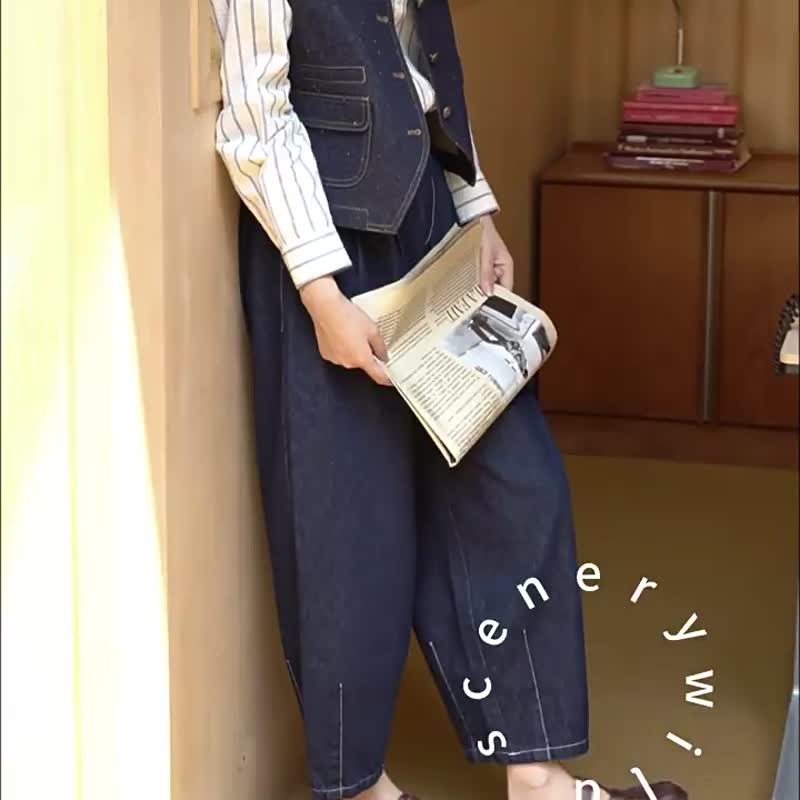 藏青色 文藝又俏皮 日系雜志FUDGE女孩復古牛仔褲 松緊腰闊腿寬褲 - 女装长裤 - 棉．麻 蓝色