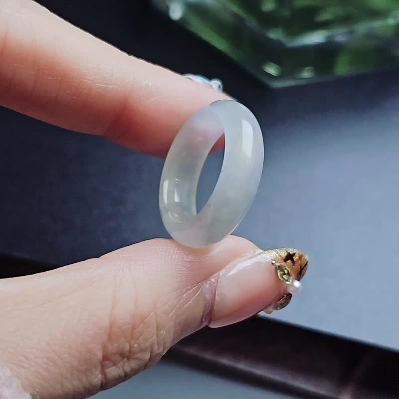 招财•圆满•高贵•防小人|放光白翡飘乌鸡花|缅甸A货翡翠戒圈#9 - 戒指 - 玉石 