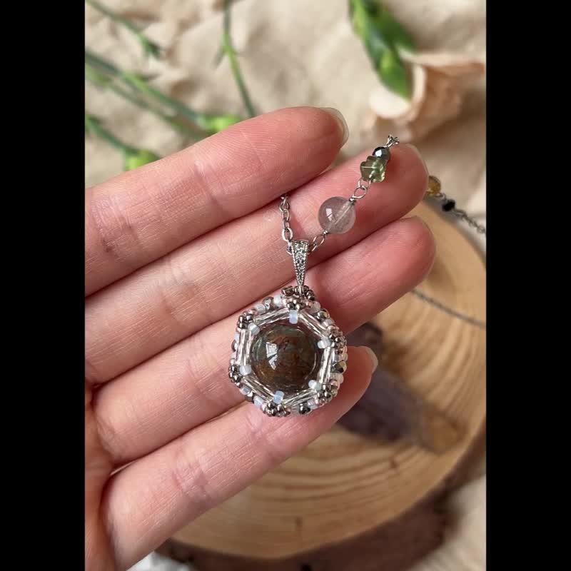 幽灵水晶球 玻璃米珠 x 天然石 串珠吊坠 配 宝石链 - 项链 - 水晶 黑色