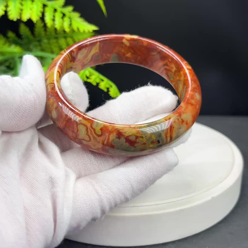 墨西哥疯狂玛瑙手镯 61MM 高瓷玉化多彩云状锦纹 平衡身心能量 - 手链/手环 - 半宝石 多色