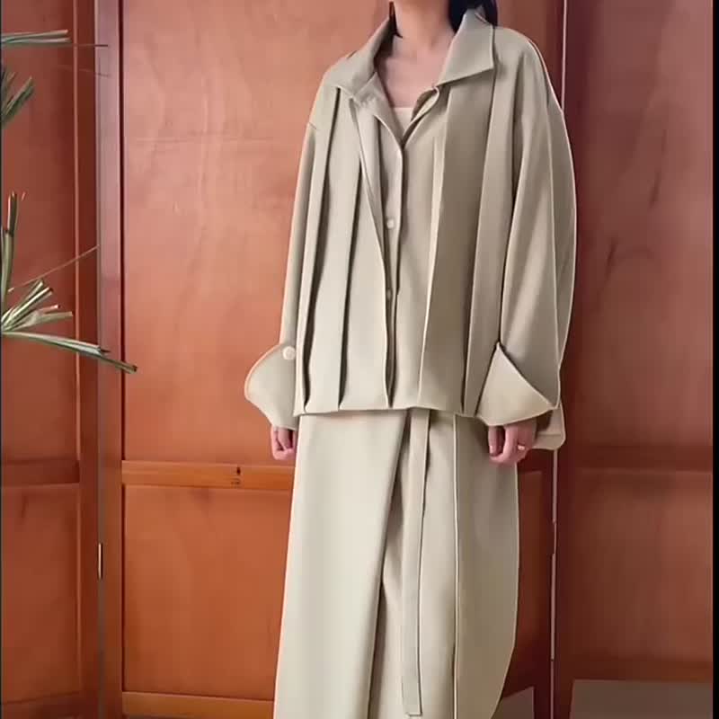 蛋奶绿 3色 浮生半日 万能绑带宽松夏秋长款褶皱半身裙 可配套装 - 裙子 - 聚酯纤维 绿色