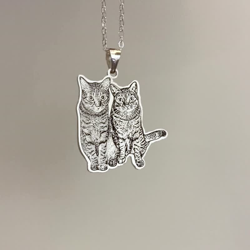 纯银照片影雕 2主体 毛小孩 生日礼物 雕刻 定制 狗 猫 纪念 项链 - 项链 - 纯银 银色