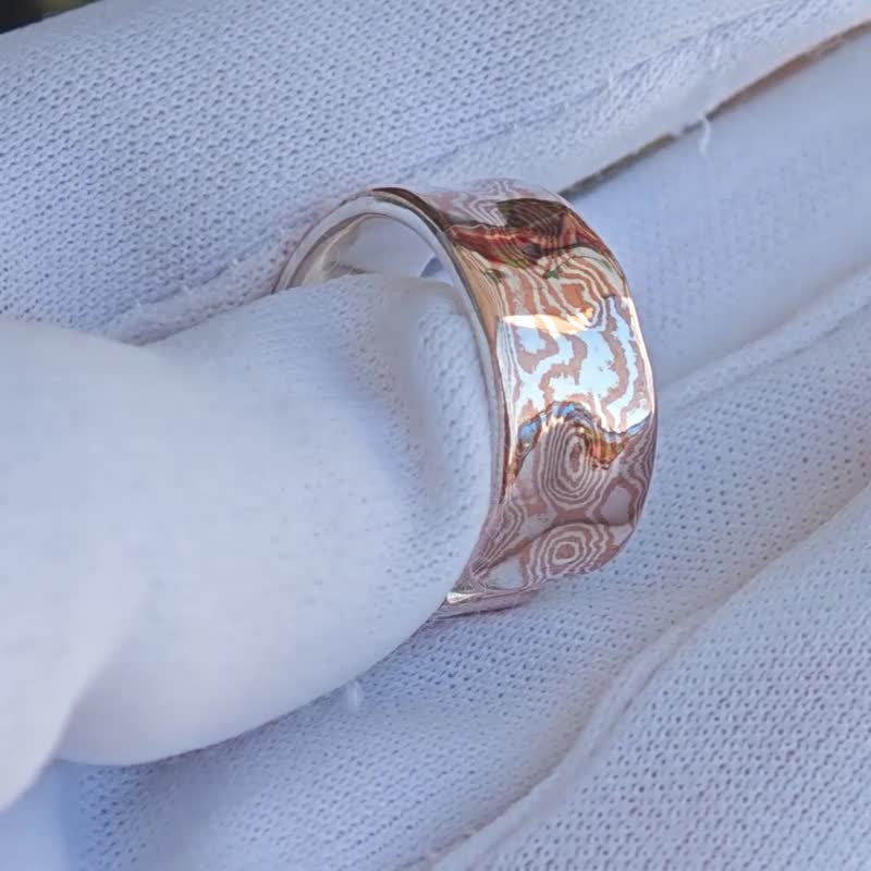 手工制作 银+铜 木目金木纹金Mokume gane镶银戒指 - 戒指 - 其他金属 银色