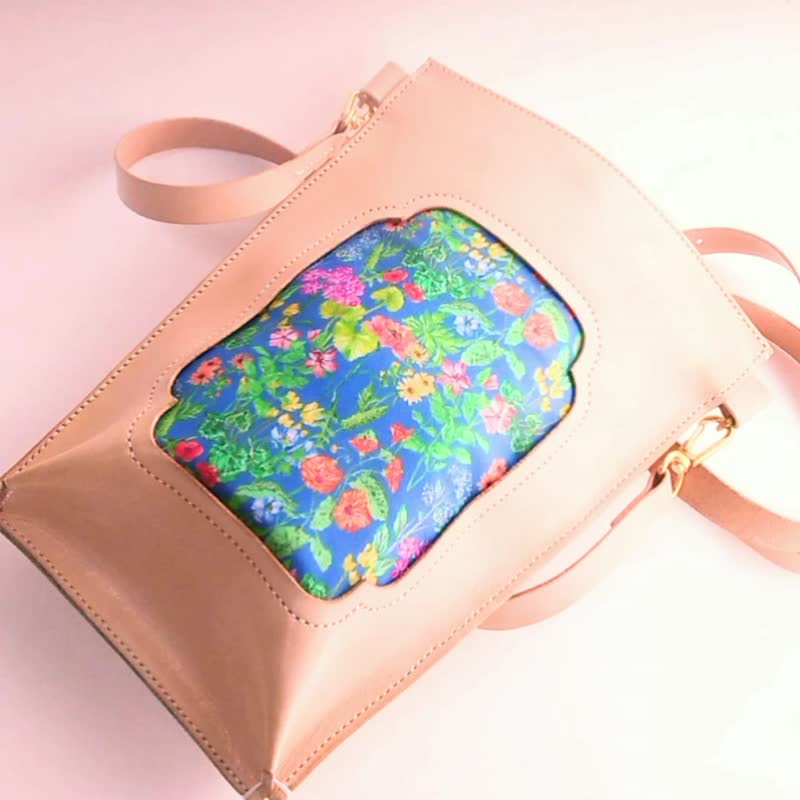 【SS23】本革ー手縫いーリバテープリントと牛革きなりのショルダーバッグーブルー小花 - 侧背包/斜挎包 - 真皮 蓝色