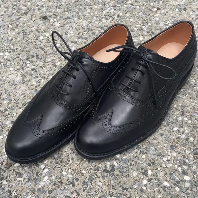 固特异手工真皮翼纹雕花牛津鞋 雕花皮鞋 Wingtip Brogues 可定制 - 男款靴子 - 真皮 黑色