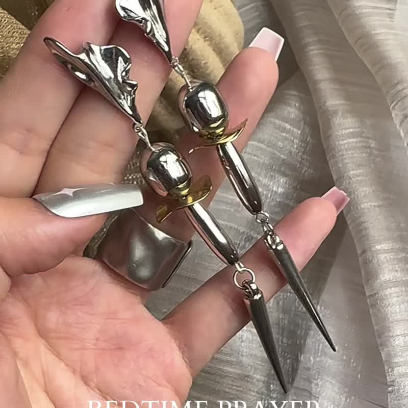 睡前祈祷原创 轻型夏季冷银色光面辣妹长款气质耳钉耳夹-镜 - 耳环/耳夹 - 铜/黄铜 灰色