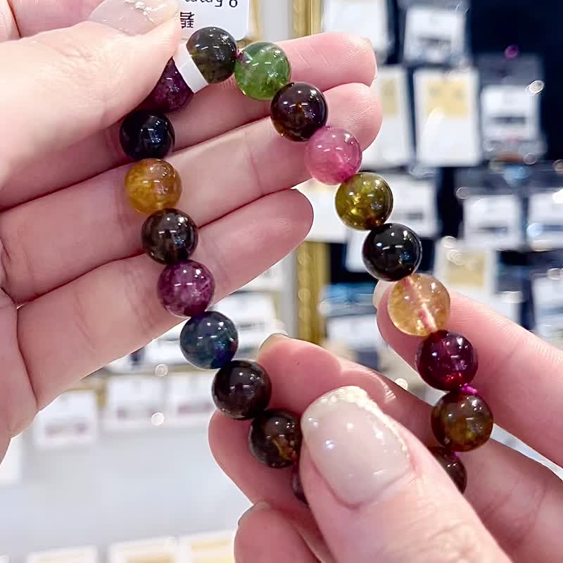 老矿浓色天然碧玺9.5mm28.73g大珠色标红水晶手链招财事业人缘桃 - 手链/手环 - 水晶 多色