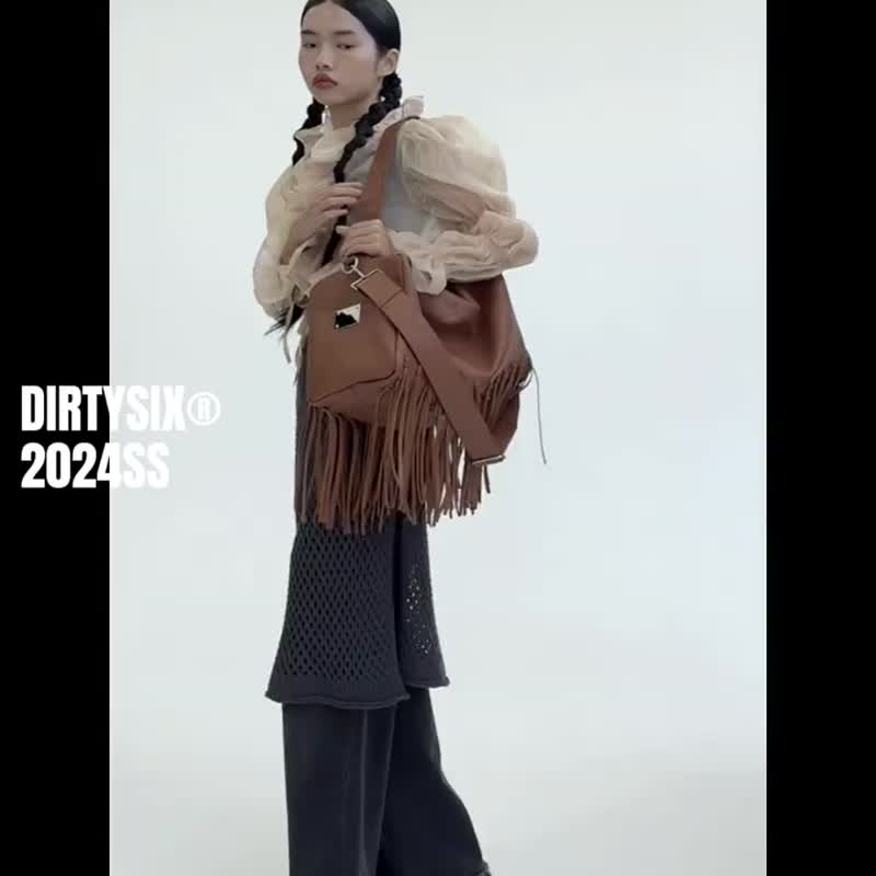 黃棕色 西野大扎克 大容量機車方包 嬉皮士流蘇 肩背包 - 侧背包/斜挎包 - 人造皮革 咖啡色