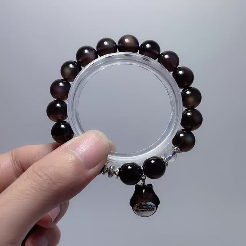 森林系守护者 避邪化煞 冰曜石 9.8mm 冰曜龙猫吊饰 925纯银 手链 - 手链/手环 - 宝石 黑色