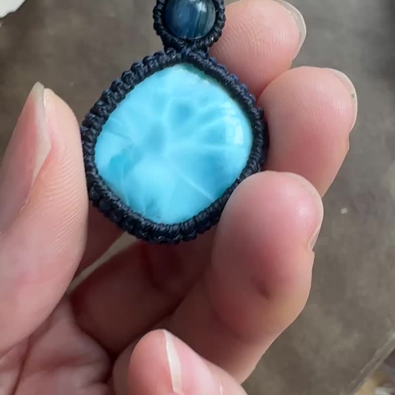 CSP78 蜡线编织 拉利玛 (海纹石)  蓝晶石珠 颈链 (可调长度) - 项链 - 宝石 蓝色