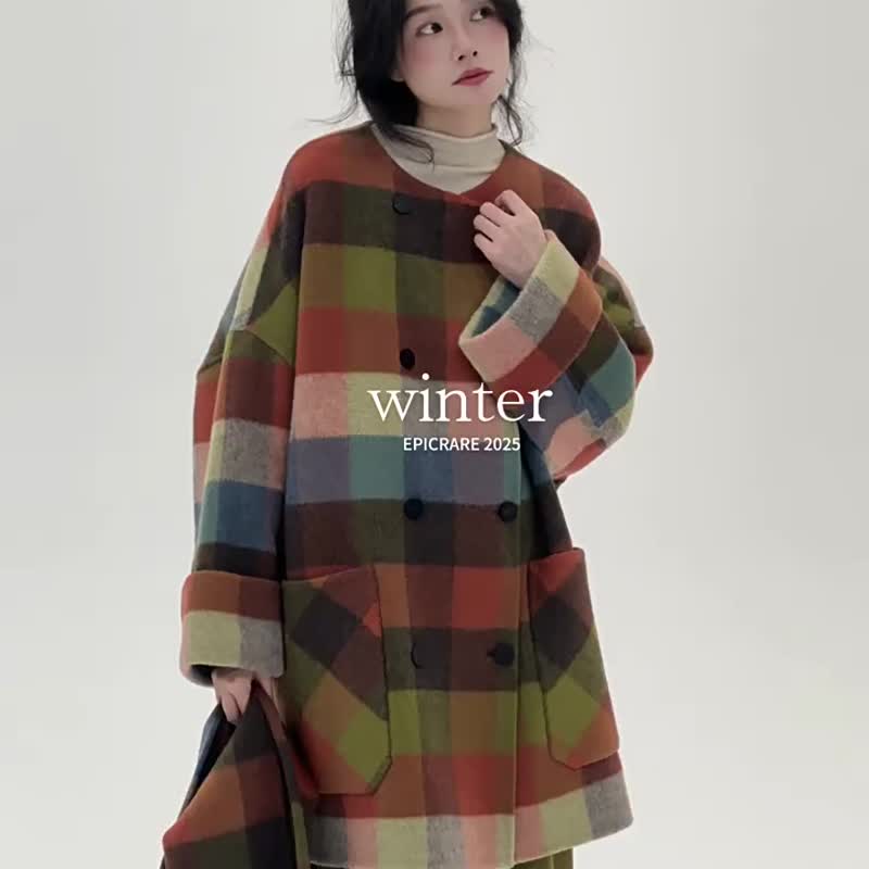 安徒生童話 彩虹格紋帶圍巾雙面尼外套 文藝女主長款呢料大衣 - 女装休闲/机能外套 - 羊毛 多色