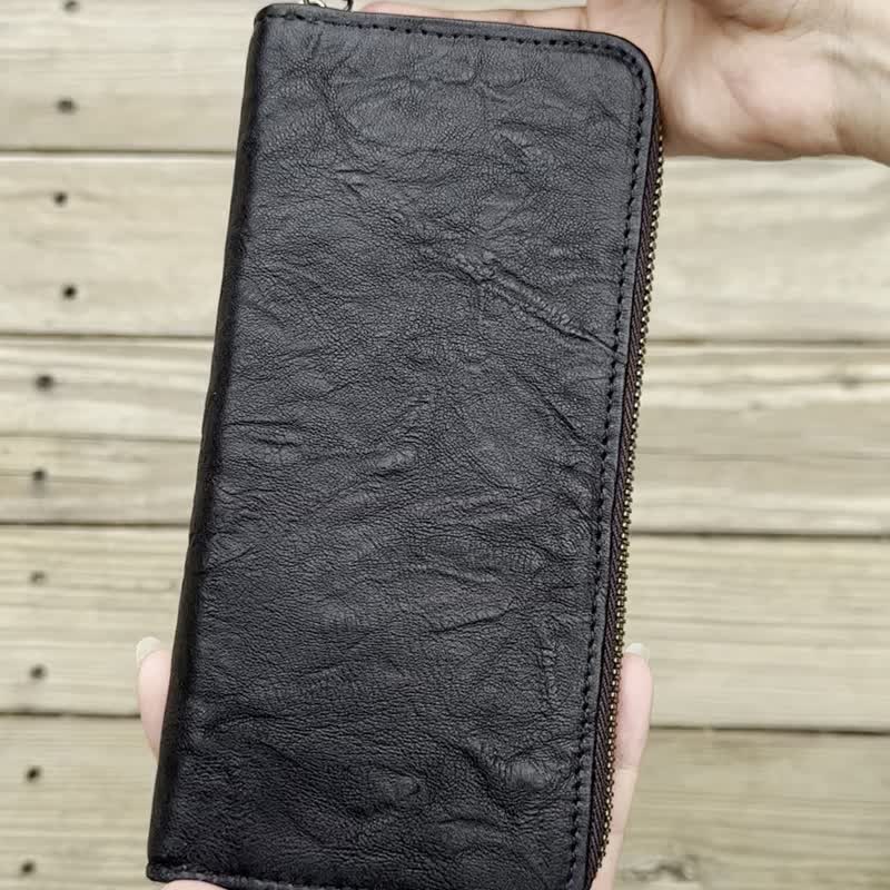 【定制化礼物】意大利缩花羊皮 拉链长夹 5款 生日礼 圣诞节礼物 - 皮夹/钱包 - 真皮 黑色