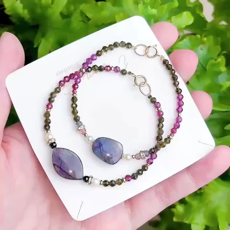 炫彩霓虹 天然黑体拉长石手链 一物一图 14K - 手链/手环 - 水晶 紫色