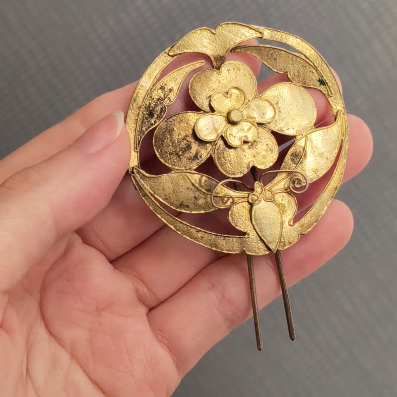 老鎏金花蝶发簪– 古董发饰  - 纯古董 SA-020 - 其他 - 银 金色