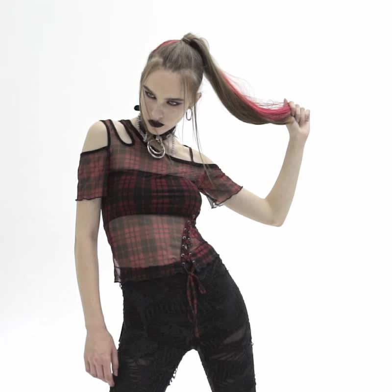 高地法师格纹网布露肩上衣 - 黄 / 黑 / 红 - 女装上衣 - 其他材质 黑色