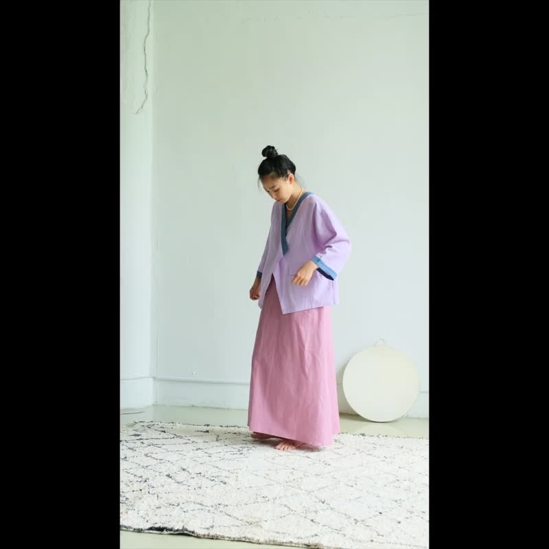 单扣滚边短外套 / 菱纹布 灰蓝 - 女装休闲/机能外套 - 棉．麻 蓝色