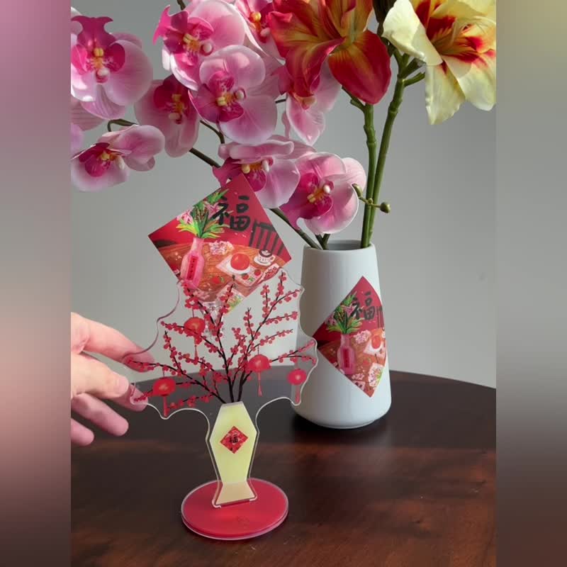 年花新年桌面立牌亚克力便签夹原创手绘插画风节日礼物摆件装饰 - 其他 - 塑料 红色