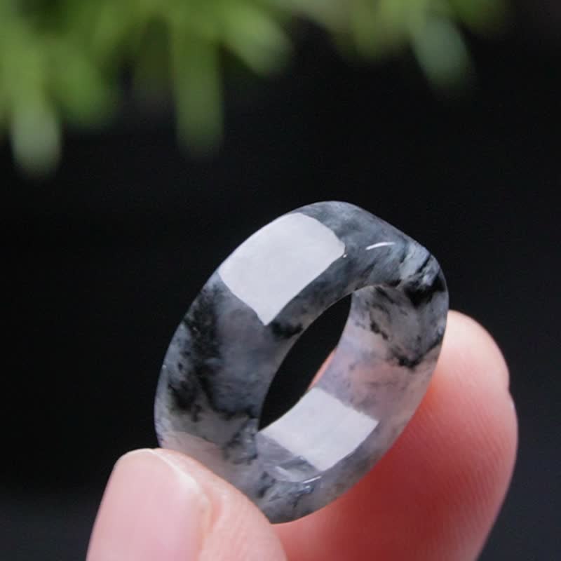 冰乌鸡翡翠角戒戒指戒圈 | 国际9围 | 天然缅甸玉翡翠A货 | 送礼 - 戒指 - 玉石 黑色
