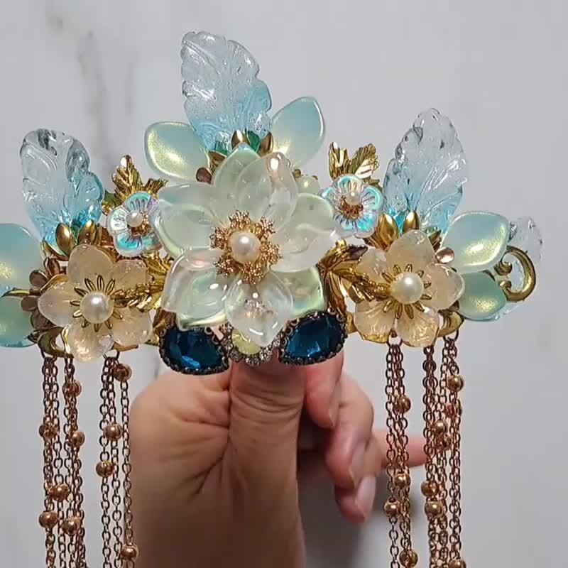 【微瑕出清】古风琉璃系列~重工海蓝色流苏花冠 / 后压 两用款 - 发饰 - 玻璃 蓝色