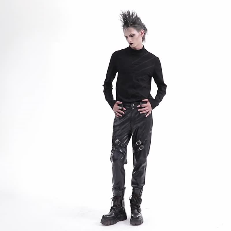 庞克禁咒乐手皮革几何长裤 - 男士长裤 - 其他材质 黑色