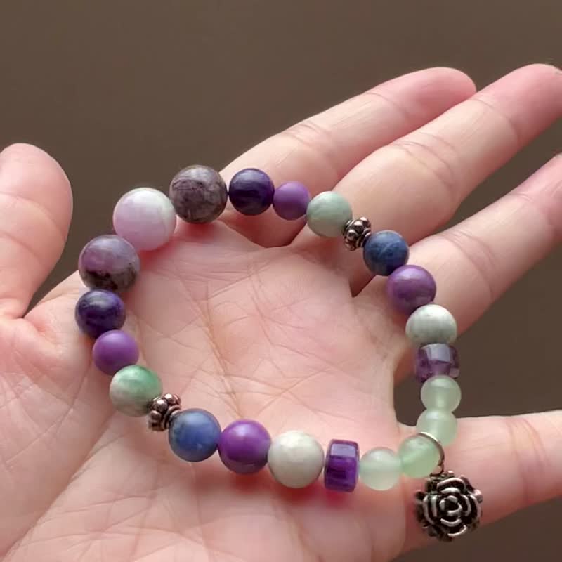 ||紫玫瑰|| 银坠手链。紫水晶/紫锂辉/紫龙晶/碧玺/紫云母/苏打石 - 手链/手环 - 水晶 紫色
