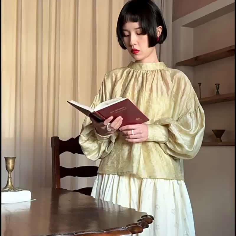 暖黃柚花 新中式復古襯衫上衣 玫瑰印花半身裙長裙 - 女装衬衫 - 棉 黄色
