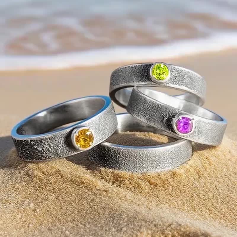 【Captain Flint手作银饰】雾砂宝戒 多彩天然宝石纯银 磨砂 戒指 - 戒指 - 宝石 多色