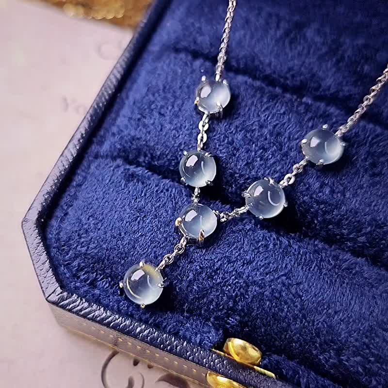 财水|高贵蓝刚泡泡|A货翡翠冰玻蓝刚蛋面纯银简约多颗项链 - 项链 - 玉石 