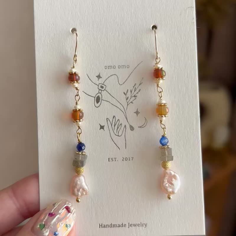 Sunbath in Australia 雪梨的夕阳 耳环 手链 粉珍珠 橘欧泊 - 耳环/耳夹 - 半宝石 紫色