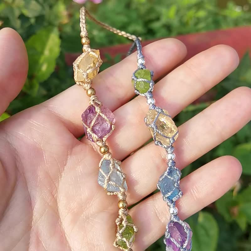 | MC | 四颗水晶原石编织幸运手链 紫水晶海蓝宝橄榄石黄水晶 - 手链/手环 - 水晶 