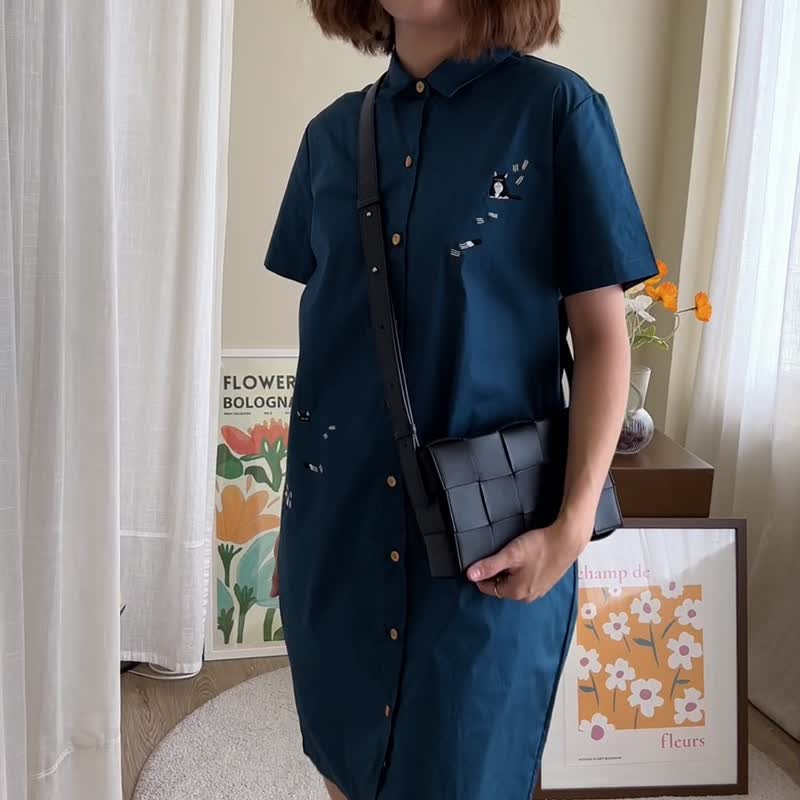 Shirt Dress : 连衣裙  Moody Cat猫 -Blue蓝色的 - 洋装/连衣裙 - 棉 蓝色