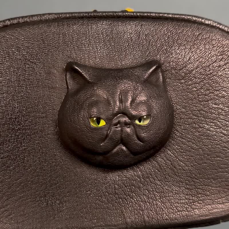 3D 异国短毛猫 皮革单肩小包 – 独特日本手工制作 - 侧背包/斜挎包 - 真皮 黑色