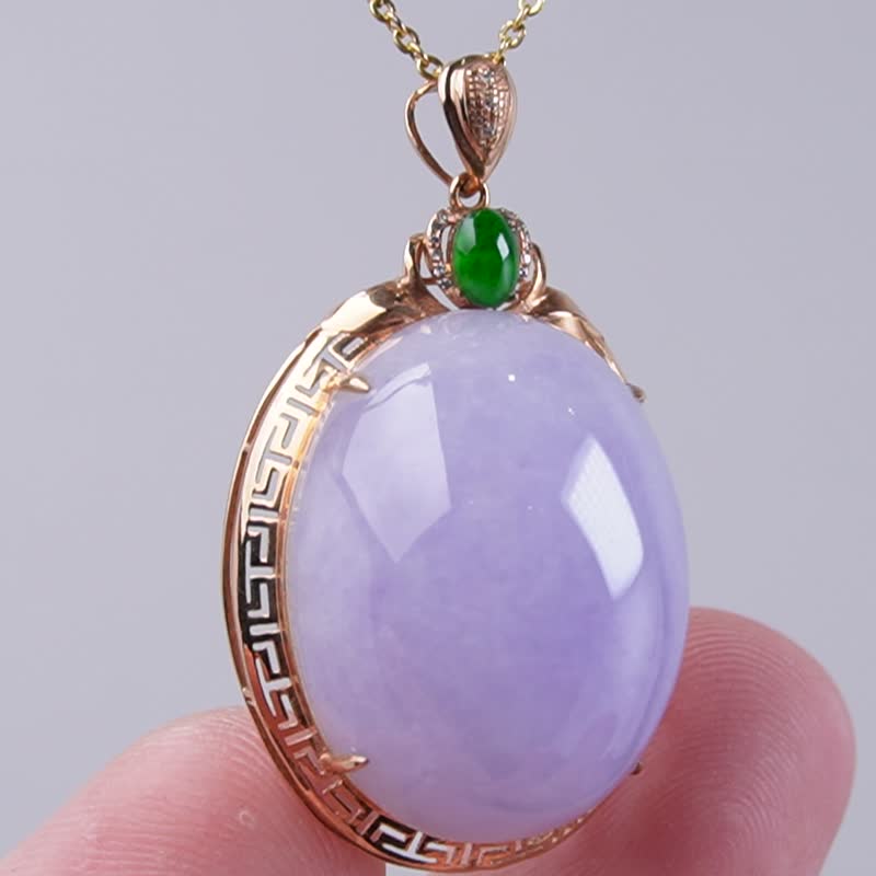 紫罗兰翡翠蛋面项链 18K金钻石镶嵌 | 天然缅甸玉翡翠A货 | 送礼 - 项链 - 玉石 紫色
