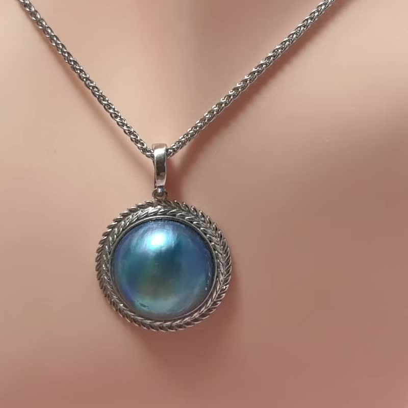 极光之眼 马贝珍珠 古典风格 纯银 万能扣 吊坠 赠项链 - 项链 - 珍珠 蓝色