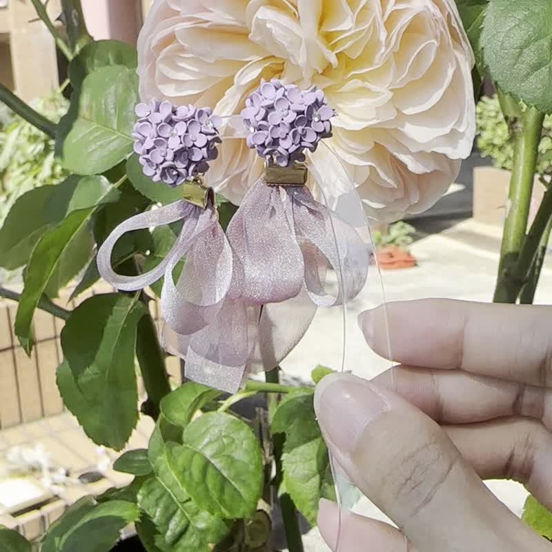 爱心绣球花软陶耳钉 - 耳环/耳夹 - 粘土 蓝色