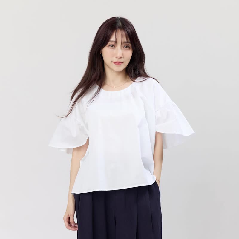 Ashley 圓領細褶連袖上衣/白 - 女装上衣 - 棉．麻 白色