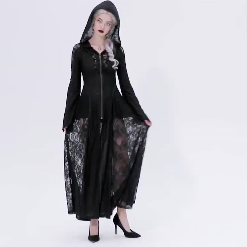 哥德暗月笼纱巫帽蕾丝长外套 - 女装休闲/机能外套 - 其他材质 黑色