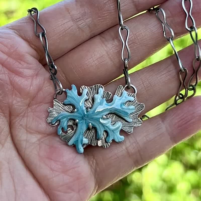【Plant 系列】#a442 蓝珐琅蕨叶项链/ 925银/ 手工礼物/ 定制化 - 项链 - 银 蓝色