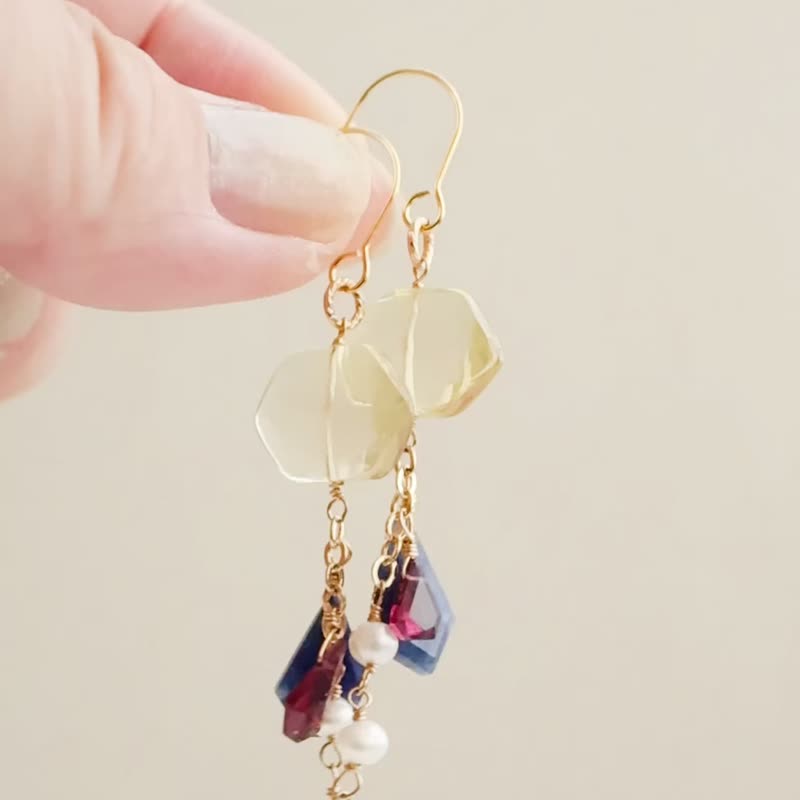 柠檬石英 堇青石 蔷薇辉石（红榴石） 淡水珍珠 耳环 耳夹式耳环 耳环吊饰 - 耳环/耳夹 - 石头 黄色