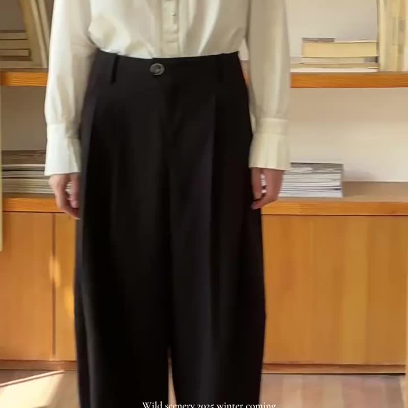 松弛黑 松弛法則 慵懶磨毛呢料長褲 法式知識分子燈籠褲 闊腿寬褲 - 女装长裤 - 其他人造纤维 黑色