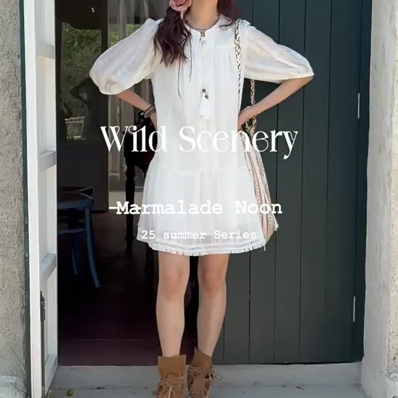 曠野風眠 法式植物印花肌理感洋裝 波西米亞短裙度假連身裙 - 洋装/连衣裙 - 其他人造纤维 白色