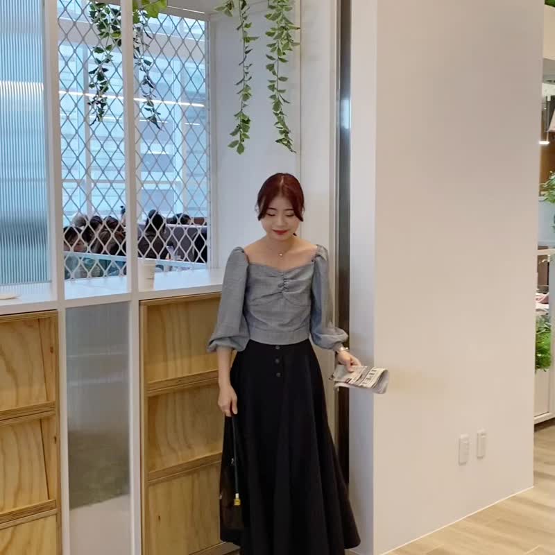 Lalameet 怀旧千鸟格桃心领截短上衣 - 女装上衣 - 棉．麻 