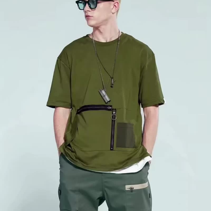 HeavyIndustry PocketTee橄榄绿工业感拉链口袋山系工装T恤 - 男装上衣/T 恤 - 棉 