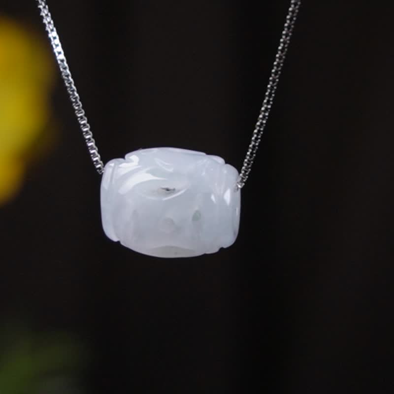 【万事亨通】冰种翡翠雕花路路通项链 | 天然缅甸玉翡翠A货 |送礼 - 项链 - 玉石 白色