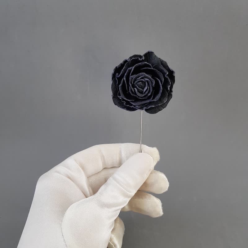 胸针男士翻领别针深蓝色玫瑰皮革胸花，男士首饰 - 胸针 - 真皮 蓝色