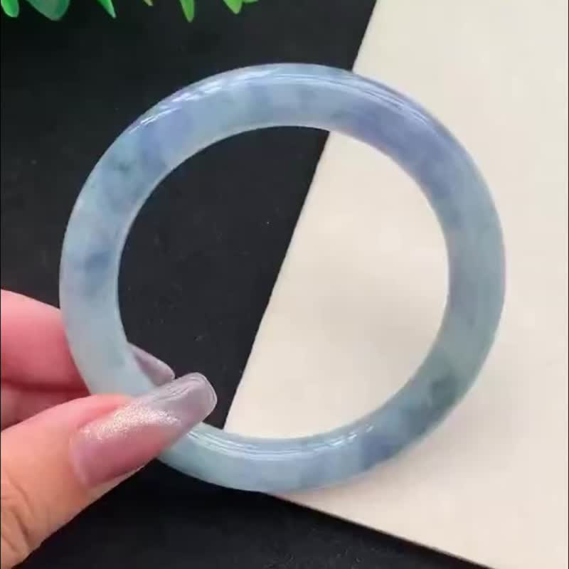 冰种翡翠天然翡翠玉镯A玉手镯 玉鈪 • 冰种蓝紫飘花翡翠圆镯 - 手链/手环 - 玉石 紫色