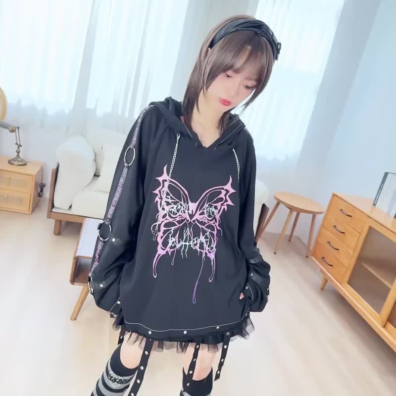 原创Y2K电子蝴蝶姬庞克渐层印花铆钉割破中性长袖连帽T恤JJ2520 - 中性连帽卫衣/T 恤 - 棉 
