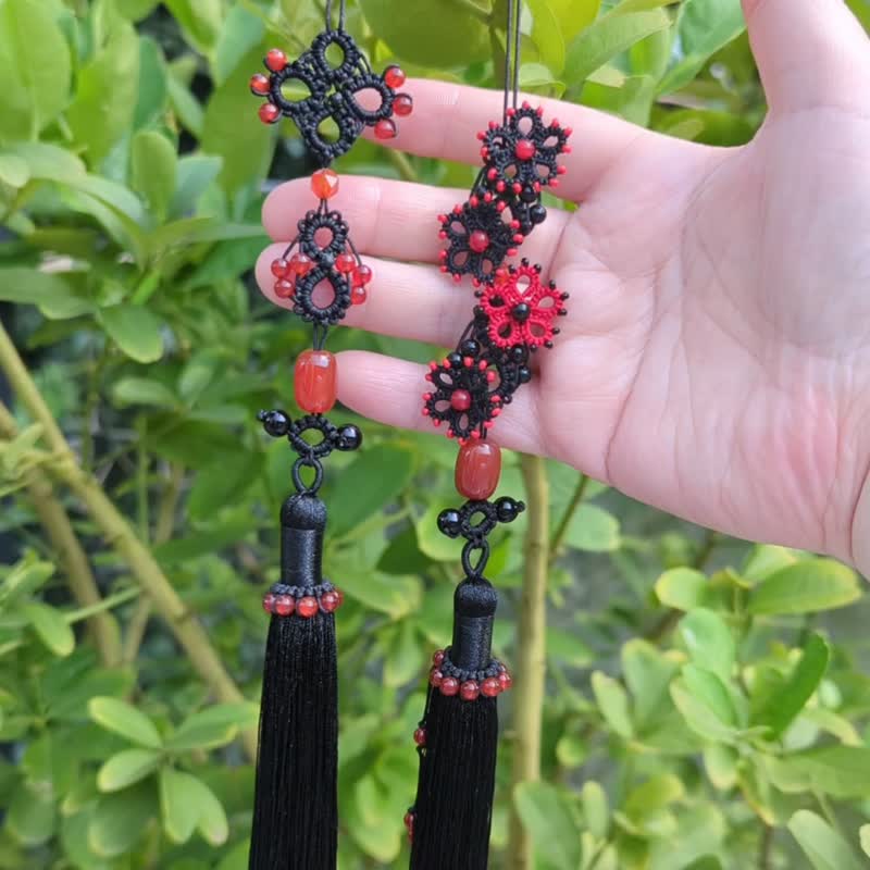 吊坠扇坠折扇挂饰腰部挂饰玛瑙绳艺流苏穗子挂件 夜的琉璃与火焰 - 吊饰 - 水晶 黑色